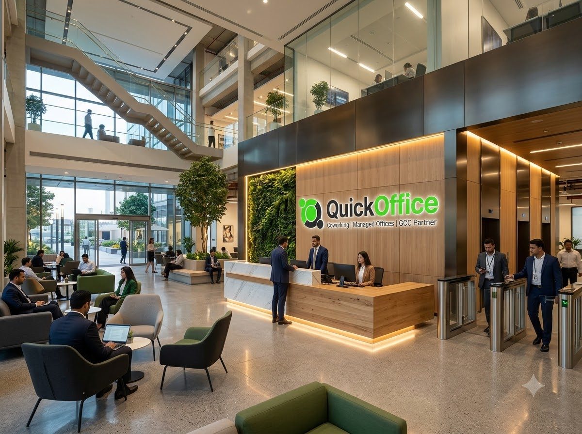 Quick Office reception with a lit logo wall, lounge seating and an atrium